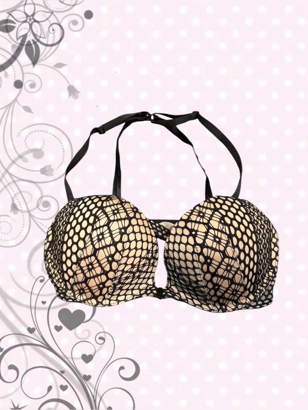 Victoria Secret Black Lace Overlay Push-Up Bra with Black Gems on the straps 🪽💋